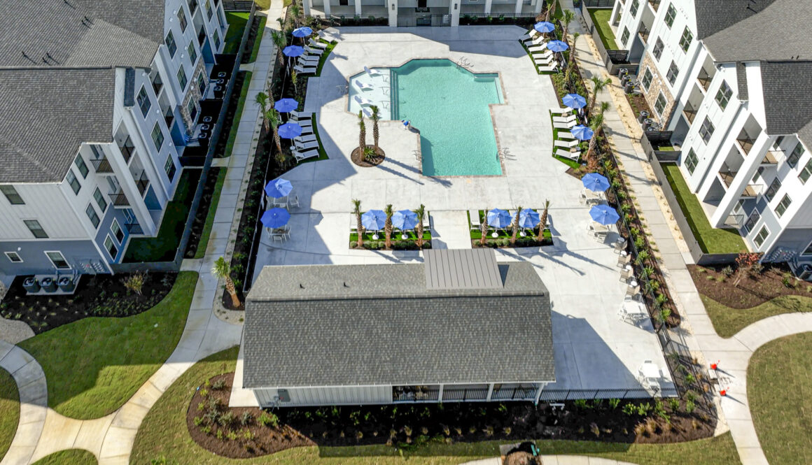 Evolve at Holly Ridge aerial view of pool