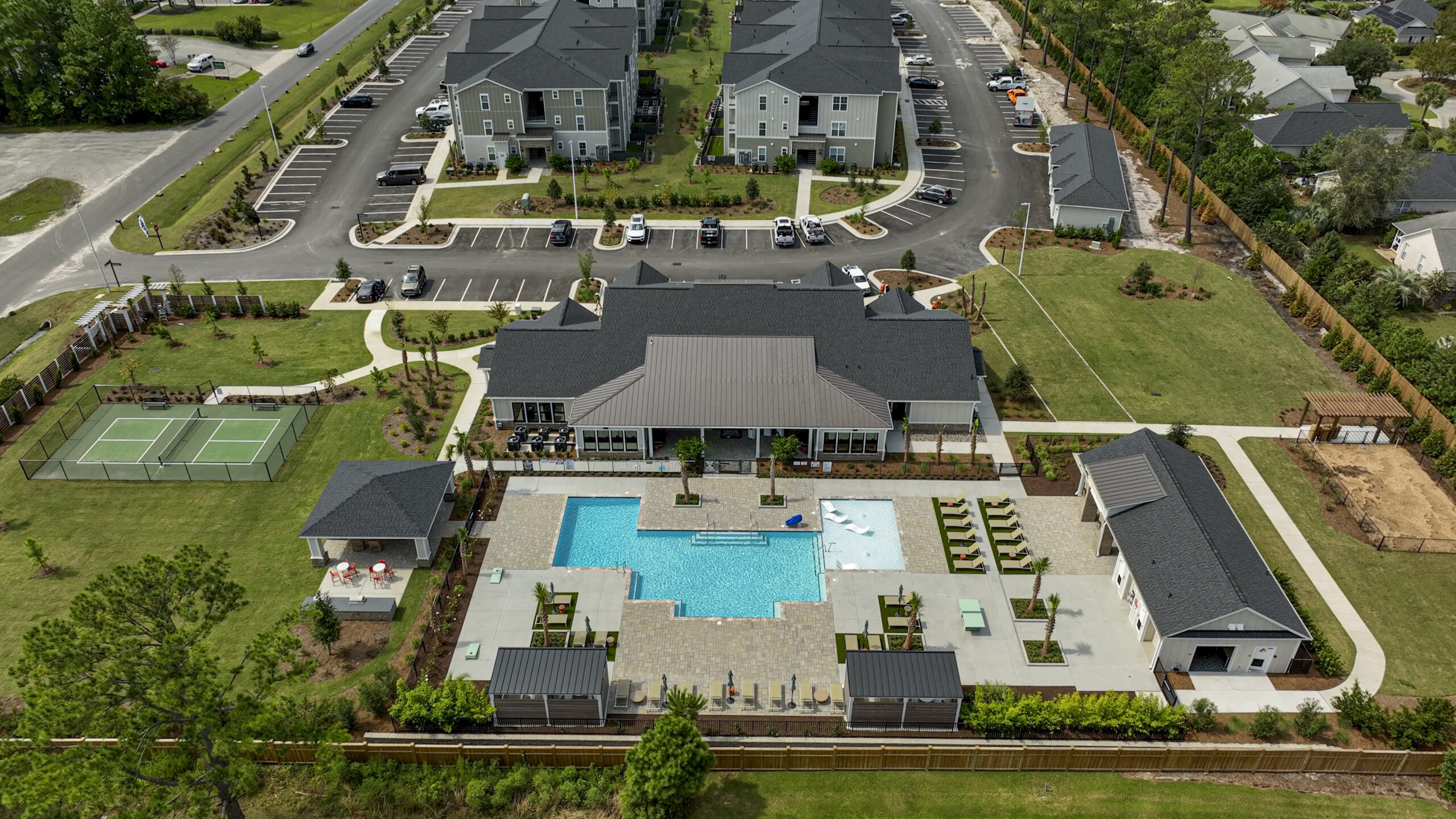 evolve waterford aerial view of community pool