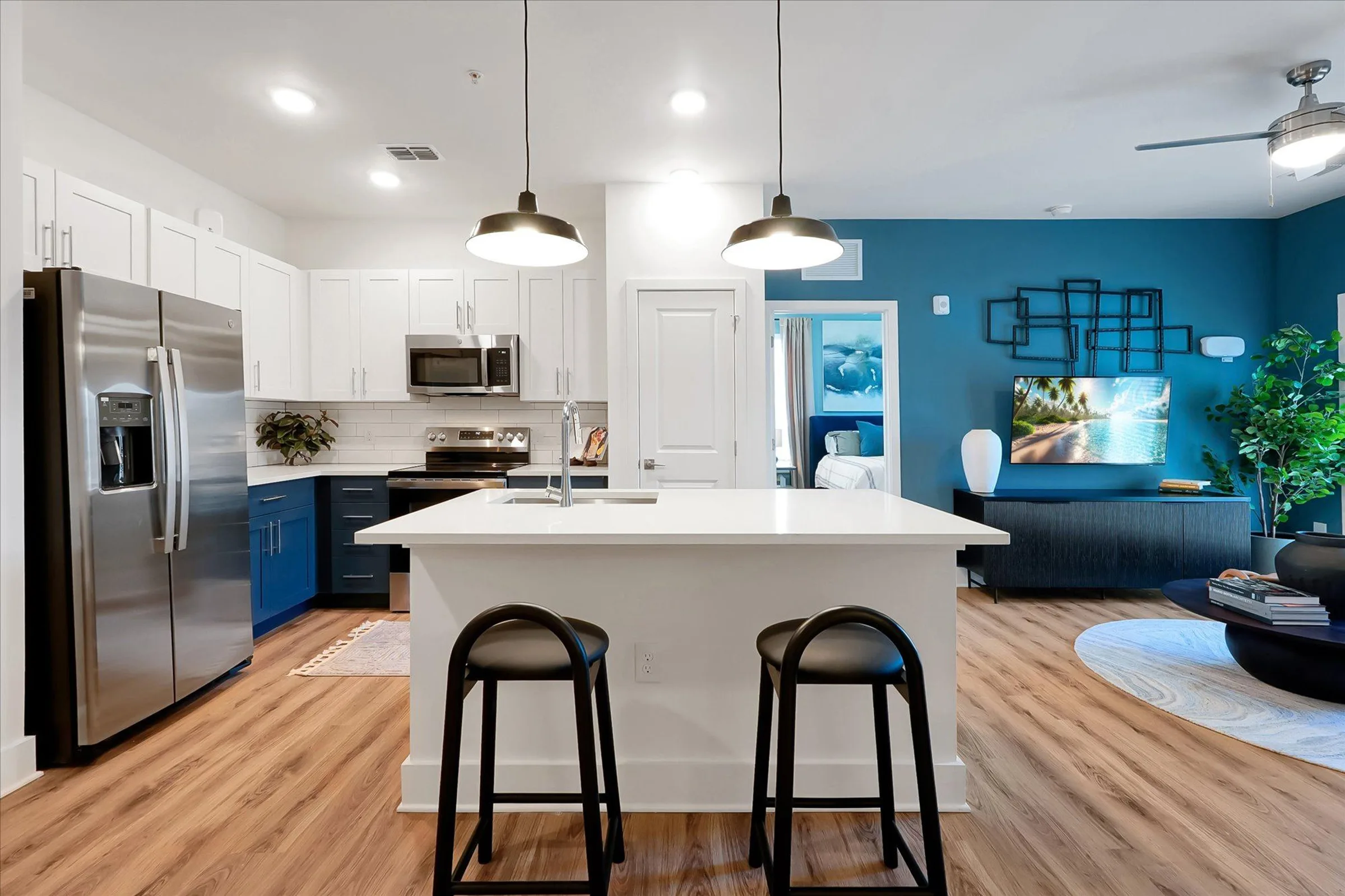 kitchen island in evolve grove park apartment home